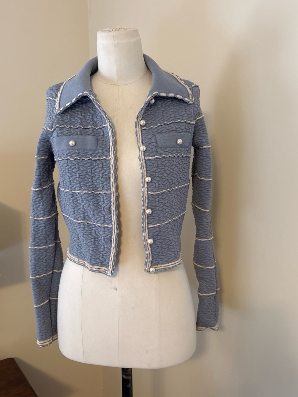 Sandro Blue Cropped Jacket with Pearl Buttons